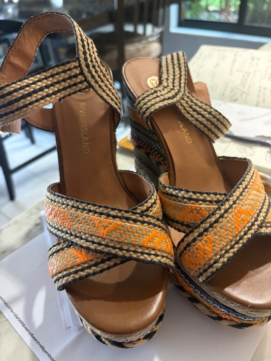River Island Shoes - River Island Orange and Natural Woven Platform Wedge Sandals